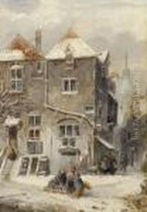 A View Of A Snow-covered Town by Salomon Leonardus Verveer