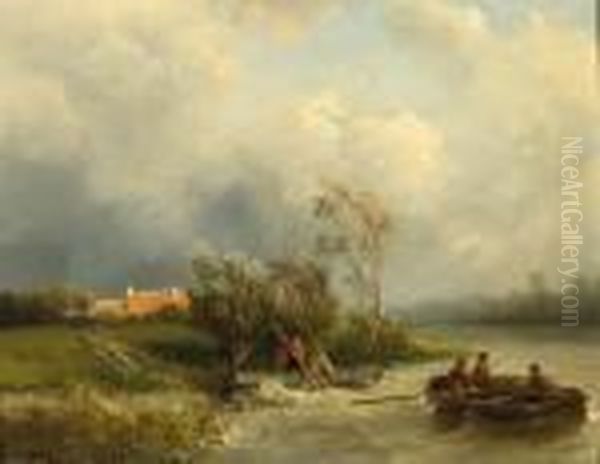 Fishermen In A Rowing Boat On A Choppy River - view 1