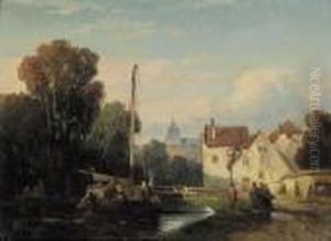 A Summer's Day With Figures Along A Canal