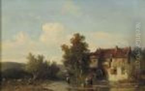 A Summer Landscape With Villagers In A Stream By A Watermill by Salomon Leonardus Verveer