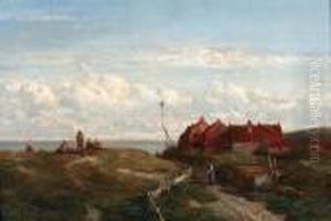 A Coastal Fishing Village With Figures On A Dune Looking Out Atsea by Salomon Leonardus Verveer