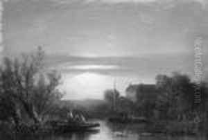 A River Landscape At Dusk by Salomon Leonardus Verveer