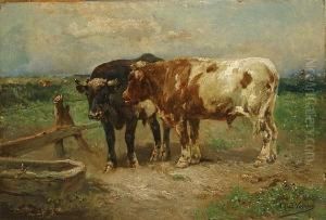Twee Stieren by Alfred Jacques Verwee