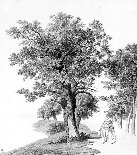 A wooded lake with an elegant couple walking - view 1