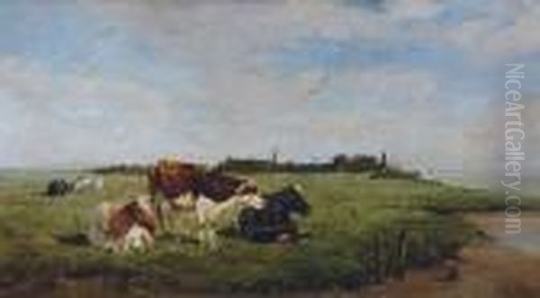 Polder Landscape With Cattle Near The Bank - view 1