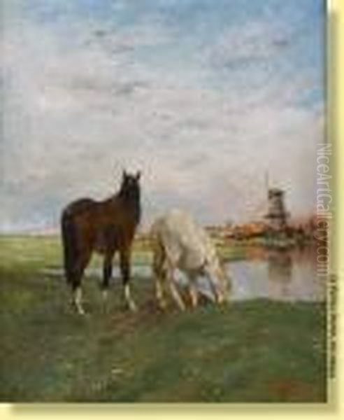 Chevaux S'abreuvant Devant Un Moulin - view 1