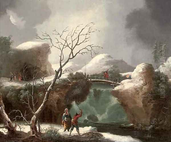 A winter landscape with figures by a waterfall - view 1