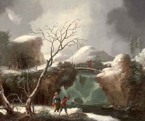 A winter landscape with figures by a waterfall