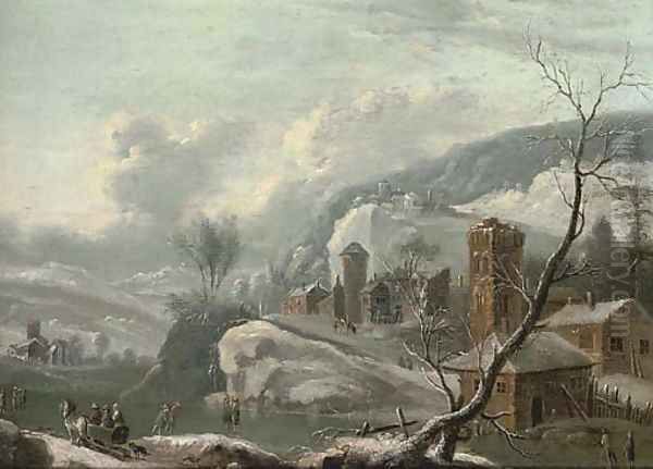 A winter landscape with figures skating, a town beyond - view 1