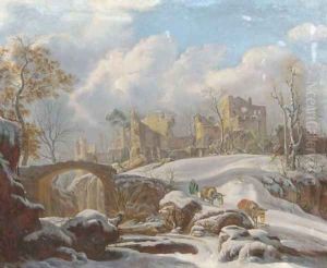 A winter landscape with a peasant and his mules by a frozen stream, ruins in the distance