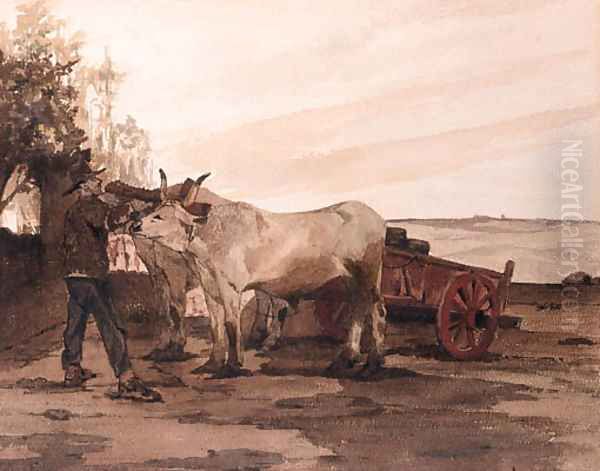 Oxen in a Field with a Farmer adjusting their Harness - view 1