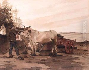 Oxen in a Field with a Farmer adjusting their Harness by Giovanni Fattori