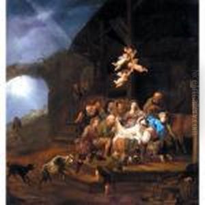 The Adoration Of The Shepherds,
With The Annunciation To The Shepherds On A Hillside Beyond by Francois Verwilt