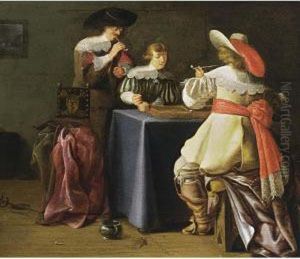 An Elegant Company Smoking And Playing Tric-trac In An Interior