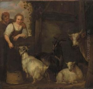 A Shepherd Couple Courting By A Barn, Goats And A Cow Nearby by Francois Verwilt