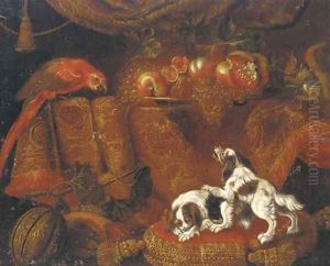 Two spaniels on gold trimmed red cushion by Francesco (Il Maltese) Fieravino