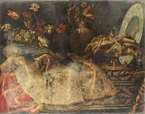 Fruit on a silver-gilt dish resting on a gold embroidered cushion by Francesco (Il Maltese) Fieravino