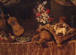 A dog on a cushion with an upturned ornamental gilt jug by Francesco (Il Maltese) Fieravino