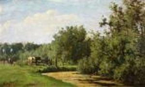 Landschap Met Koeien En Boer Bij Eenhek
