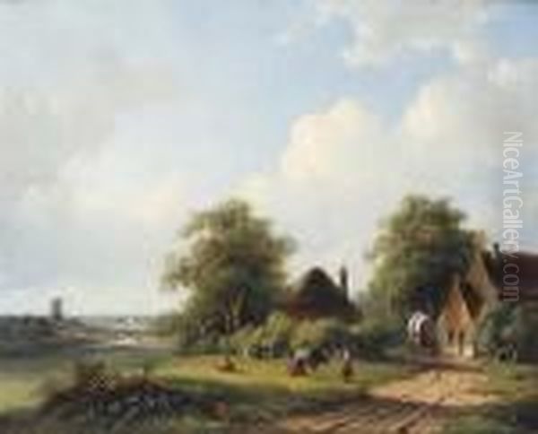 Weiteniederlandische Landschaft, Im Vordergrund Ein Gehoft Mit Melkendenbauerinnen - view 1