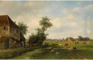 A Sunny Landscape With Cattle Near A Farm