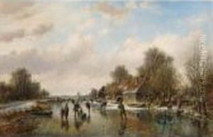 A Winter Landscape With Skaters On A Frozen Waterway by Willem Vester