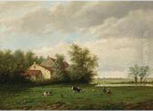 A Landscape With Two Girls Playing In A Meadow Near A House - view 1