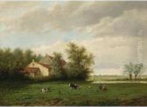 A Landscape With Two Girls Playing In A Meadow Near A House by Willem Vester