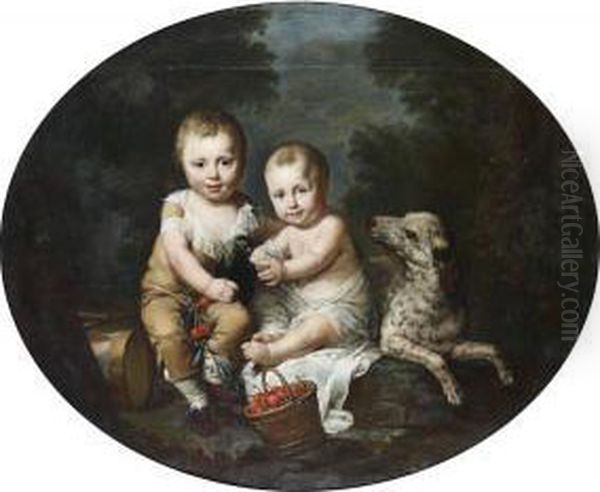 Deux Jeunes Enfants Avec Un Chien, Une Perruche Et Des Cerises Dans Un Paysage - view 1