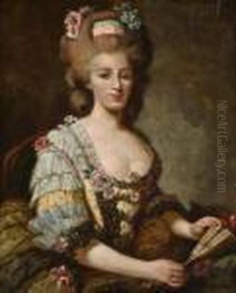 A Portrait Of A Lady Wearing A Lace-trimmedyellow Dress And Holding A Fan - view 1