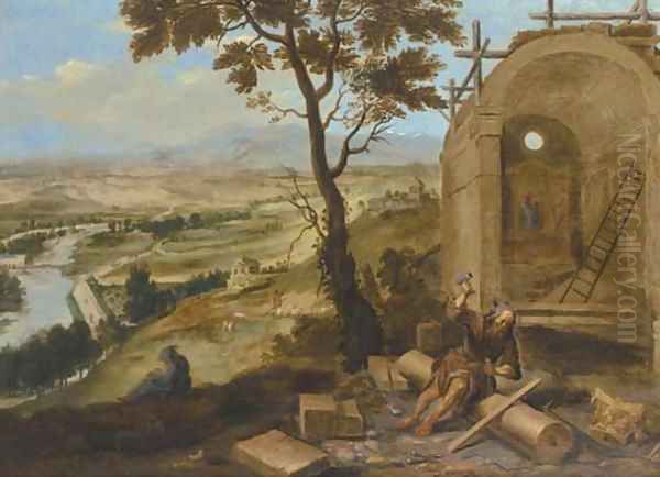 An extensive river landscape with a monk constructing a church - view 1