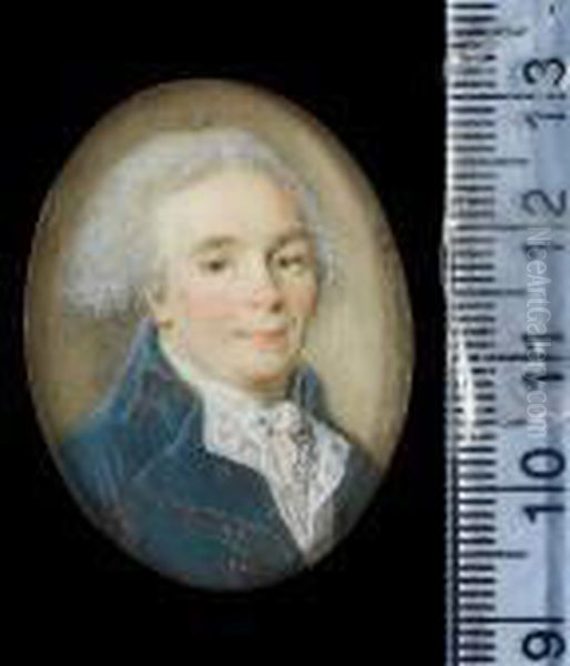 A Gentleman, Wearing Blue Coat,
White Waistcoat Embroidered With Blue Floral Motif And Tied White
Cravat, His Hair Powdered - view 1