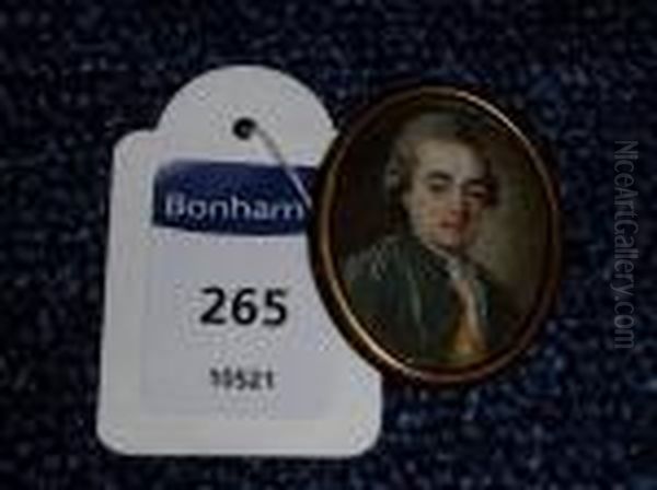 A Miniature Portrait Of A 
Gentleman, Wearing A Military Style Green Coat With Brass Buttons And 
Silver Aiguilette On His Right Shoulder, A Yellow Waistcoat And Frilled 
White Cravat, His Powdered Hair Worn En Queue - view 1