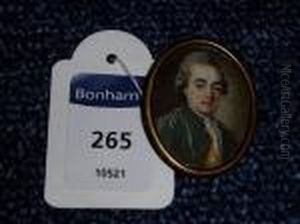 A Miniature Portrait Of A
Gentleman, Wearing A Military Style Green Coat With Brass Buttons And
Silver Aiguilette On His Right Shoulder, A Yellow Waistcoat And Frilled
White Cravat, His Powdered Hair Worn En Queue by Antoine Vestier