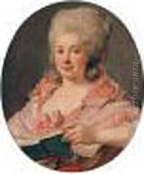 Portrait Of A Lady, Half Length, Wearing A Lace-trimmed Pink Dress And Holding A Book - view 1