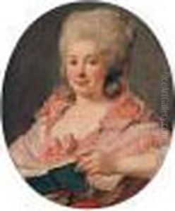 Portrait Of A Lady, Half Length, Wearing A Lace-trimmed Pink Dress And Holding A Book by Antoine Vestier