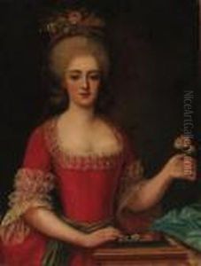 Portrait Of A Lady, Half-length,
 In A Red Dress Trimmed With Lace,a Carnation In Her Left Hand