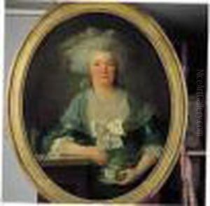 Portrait De Femme Tenant Une Tasse. Toile Ovale