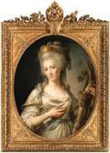 Portrait Of A Lady, Said To Be 
Princesse De Lamballe, Standingthree-quarter Length, Wearing A White 
Dress With A Blue Sash,beside A Tree With A Grapevine - view 1