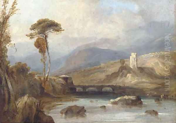 Figures on a bridge, with ruins beyond - view 1