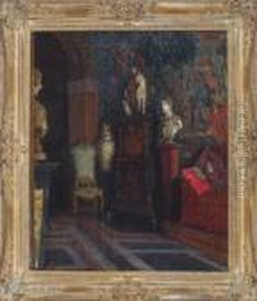 Residenzinterieur Mit Barockmobeln Und Skulpturen Vor Einem Gobelin - view 1