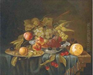 A bowl and a salver of grapes, plums and blackberries by cherries and a lemon on a draped table. by George Forster