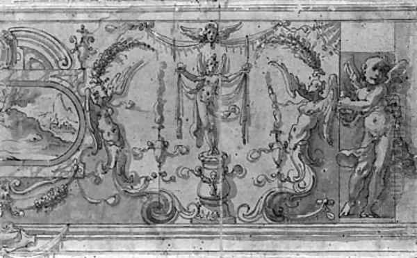 A wall decoration with a landscape painting in a cartouche and winged figures holding garlands - view 1