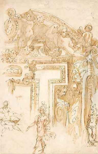 Studies of part of an elaborate overdoor and of three figures - view 1