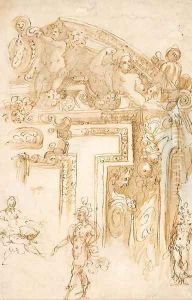 Studies of part of an elaborate overdoor and of three figures by Marco Marchetti, Called Marco Da Faenza