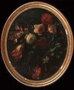 Carnations, Roses And Other 
Flowers Above A Carved Stone Shell; And Roses, Tulips And Poppies Above A
 Stone Staircase