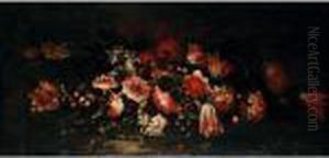 Still Life Of Tulips, Carnations, Hollyhocks And Daffodils In A Landscape