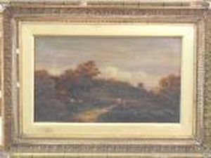 Figures And Sheep In A Wooded Landscape With Windmill by Alfred Vickers