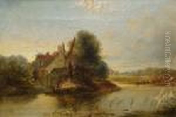 River Landscape With Figure And Boats By A Cottage - view 1