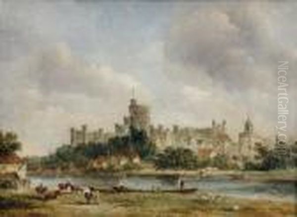 View Of Windsor Castle From The River With Boatmen - view 1